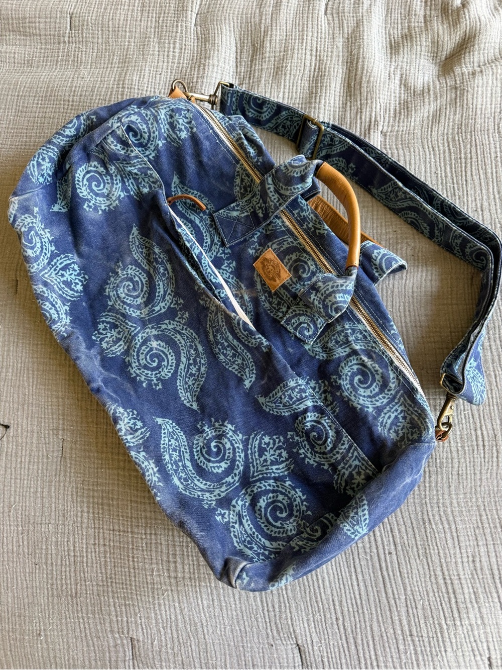 John Robshaw canvas duffel bag in blue block print